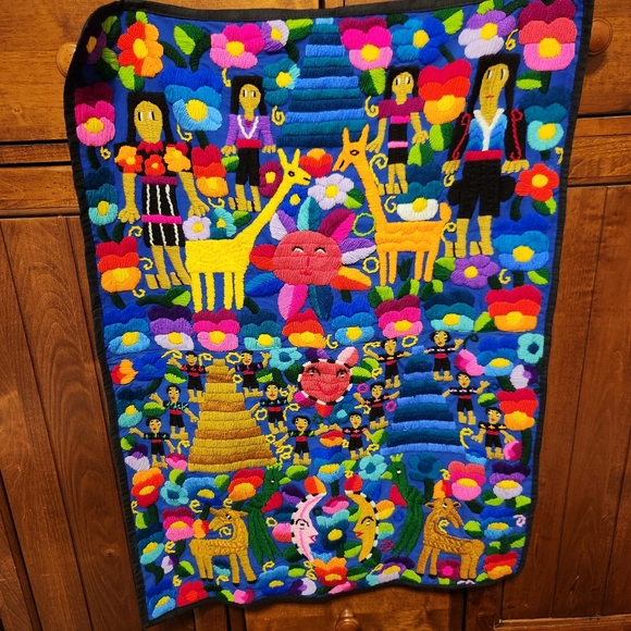 Hand Stitched Embroridered Needlepoint Yarn Craft Folksy Colorful Wall H…